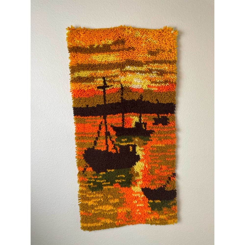 Retro Sunset Sailboat Latch Hooked Wall Hanging Art Tapestry Rug